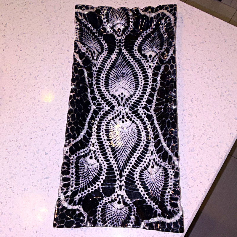 Sydenstricker Glass Black Pineapple Lace Doily Fused Glass Wavy Tray SIGNED