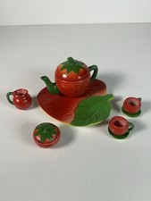 Ceramic miniature strawberry teaset doll house size Ten piece Made In Taiwan