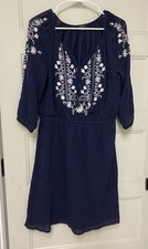 Talbots Dress Blue Petite LP V Neck Embroidered  Bohemian Floral Cotton India
