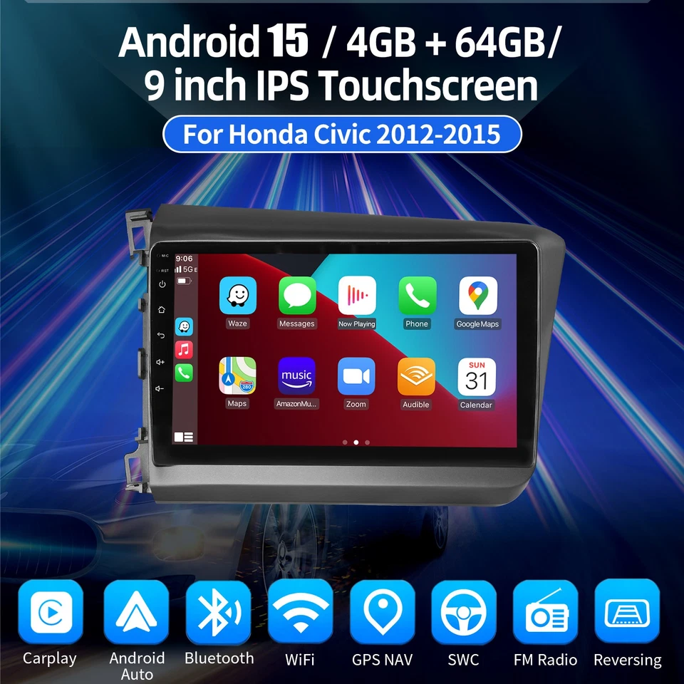 9" DVR+ Android 15 Car Stereo Radio 4+64GB For Honda Civic 2012-2015 WiFi BT+AHD - Image 2 of 4