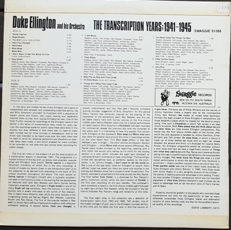 Duke Ellington & His Orchestra–The Transcription Years Vinyl LP 1983 Swaggie S13 - Image 2 of 2