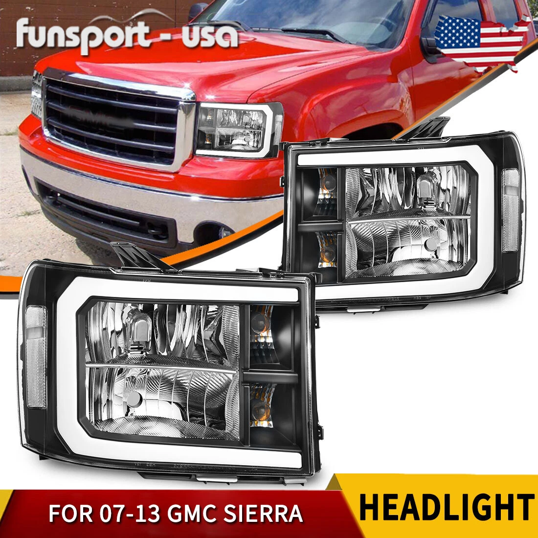 LED DRL Tube Headlight For 2007-2013 GMC Sierra 1500 2500HD 3500HD