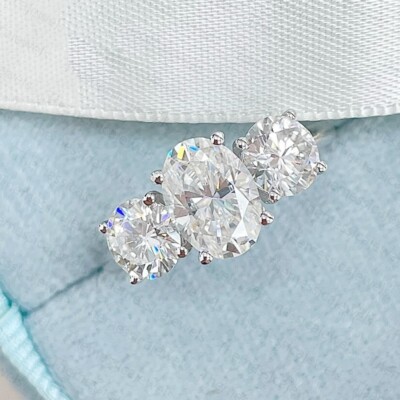 2.85 TCW Oval Cut Moissanite Three Stone Engagement Ring 14k White Gold Plated