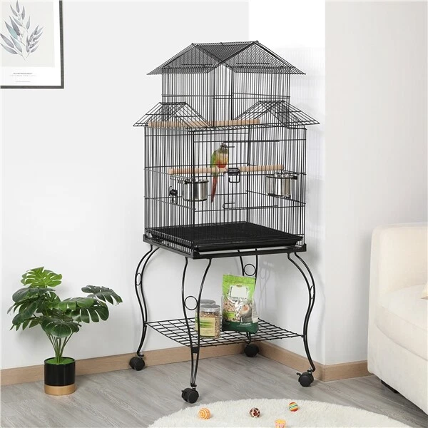 Metal Bird Cage Roof Top Parrot Cage w Stand for Budgie Parakeet