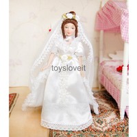 1:12 Porcelain Doll Bridal In Wedding Dress Dolls House Miniature Decoration 1:12 Porcelain Doll Bridal In Wedding Dress Dolls House Miniature Decoration