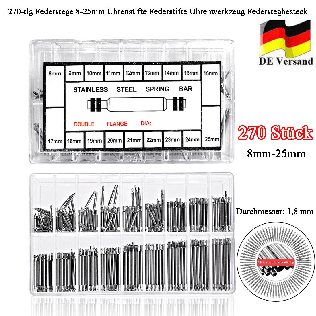 270-tlg Federstege 8-25mm Uhrenstifte Federstifte Uhrenwerkzeug