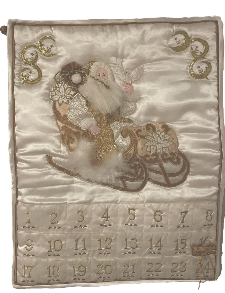 CALENDARIO CUENTA REGRESIVA TRINEO SANTA SATINADO VINTAGE NAVIDAD ADVIENTO ORO BLANCO Foto 4 de 4