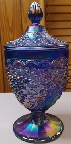 Vintage Imperial Blue Carnival Glass Candy Dish w/lid grapes vines