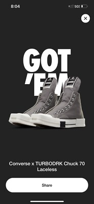 Converse x TURBODRK Chuck 70 Laceless - Rick Owens - 10.5 Men s
