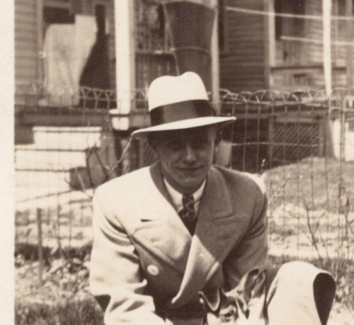 Found Photo Man in Suit Fedora Kneeing Terrier Hound Dog on Leash Front Yard - Picture 4 of 4