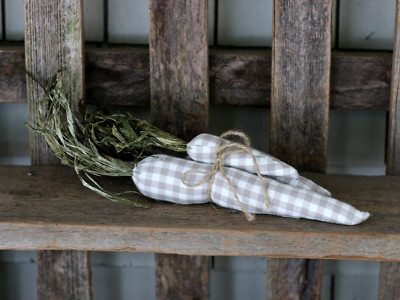Easter Decor Fabric Carrots (Set/3) Gray & White Gingham Check Primitive Spring