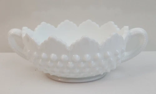 Vintage Fenton 7" Milk Glass Oval Hobnail Bowl with Handles Mint!