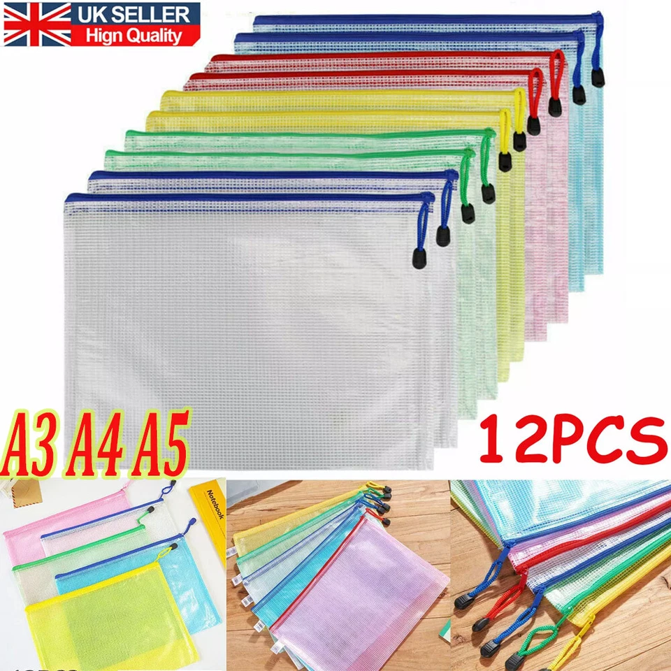 FEEL-SOGOOD 12PCS A3/A4/A5 Plastic Wallet Zip Lock Bags File Document Pocket Paper Storage
