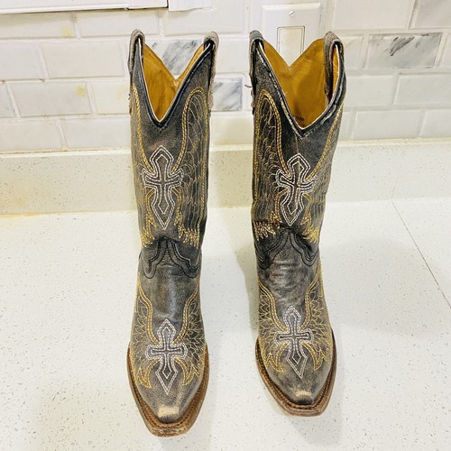 Corral Teen A1029 Youth 4.5T Distressed Black Leather Wings Cross Snip Toe Boots