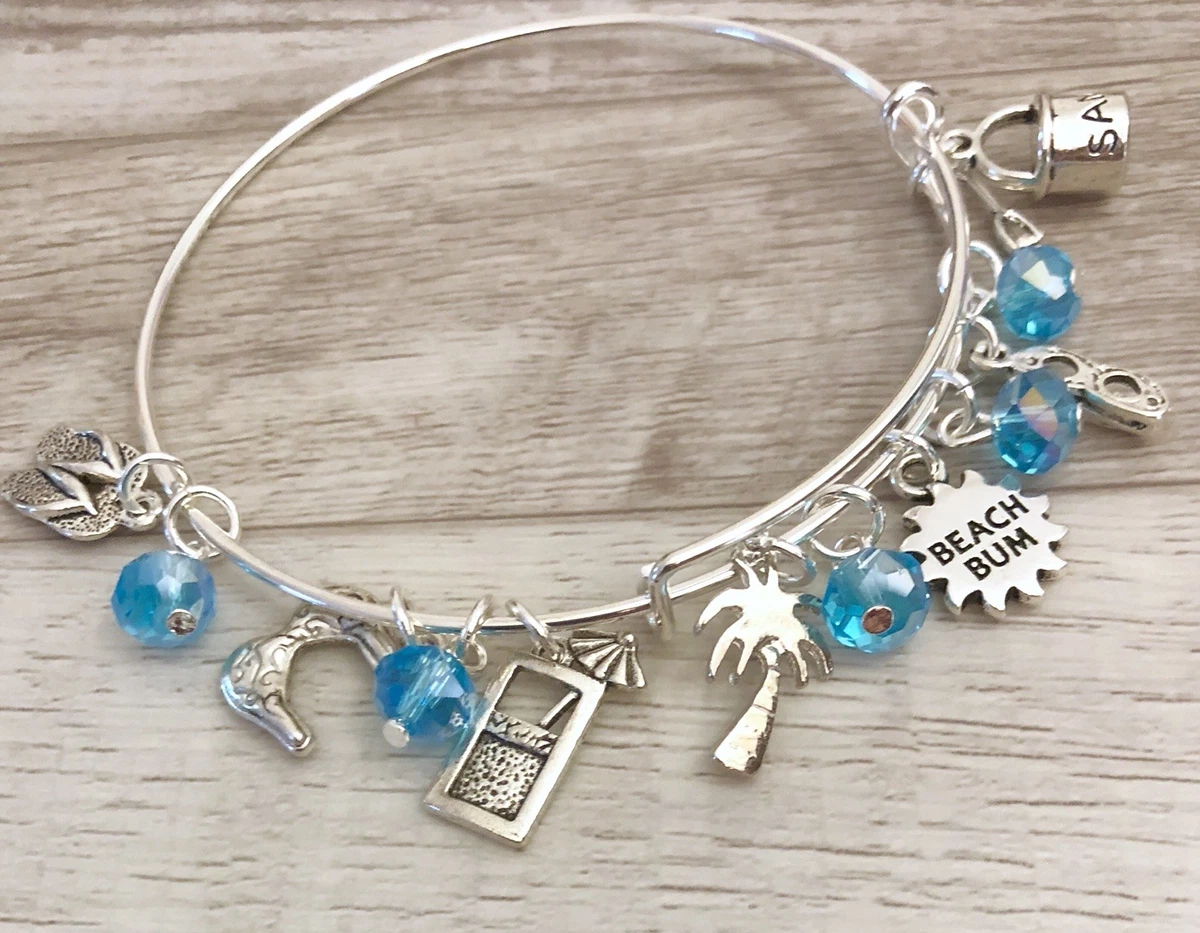 Beach Bum beach Themed Silver charm Expandable Bangle Bracelet