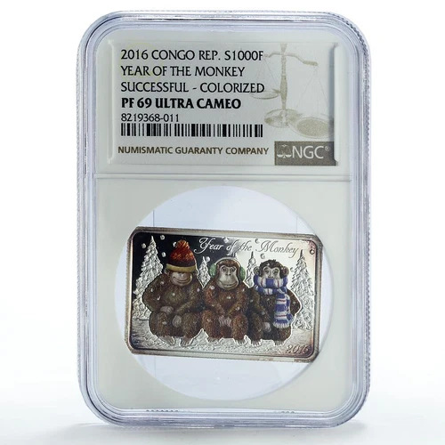 Congo 1000 francs Lunar Year of the Monkey Successful PF69 NGC silver coin 2016