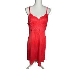 Vintage Vanity Fair Red Coral Lace Trim Full Slip Lingerie Made in USA Size 38 M