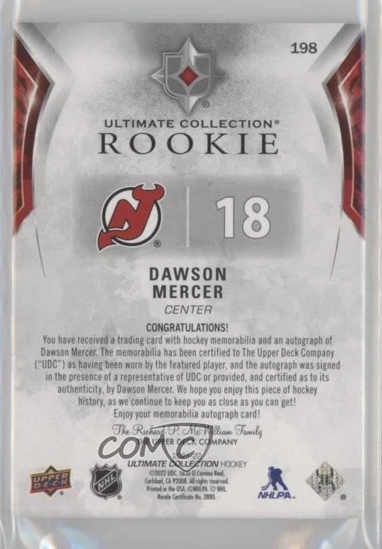2021 Ultimate Collection Rookies /49 Dawson Mercer #198 RPA Rookie Patch Auto RC - Image 2 of 2