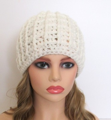 HANDMADE   BEANIE HAT CAP CHEMO  BRIGHT WHITE  WAFFLE TEXTURED  CROCHET