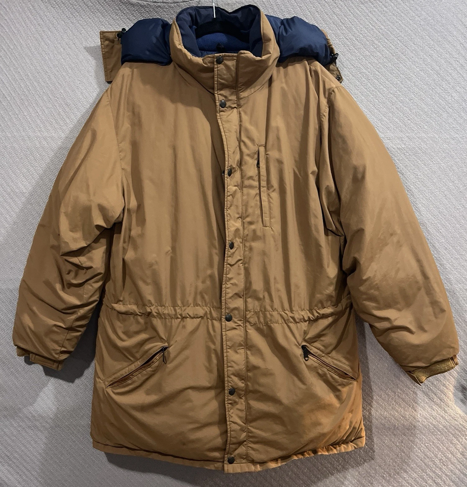 Vtg LL Bean Parka Coat Mens Large Tall Khaki Down Insulated Hood Blue USA Made