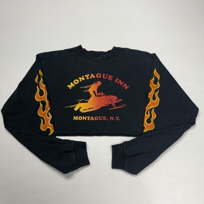 Vtg Anvil Snowmobile Flame Logo Montague Inn NY Womens Cropped Shirt L Black USA