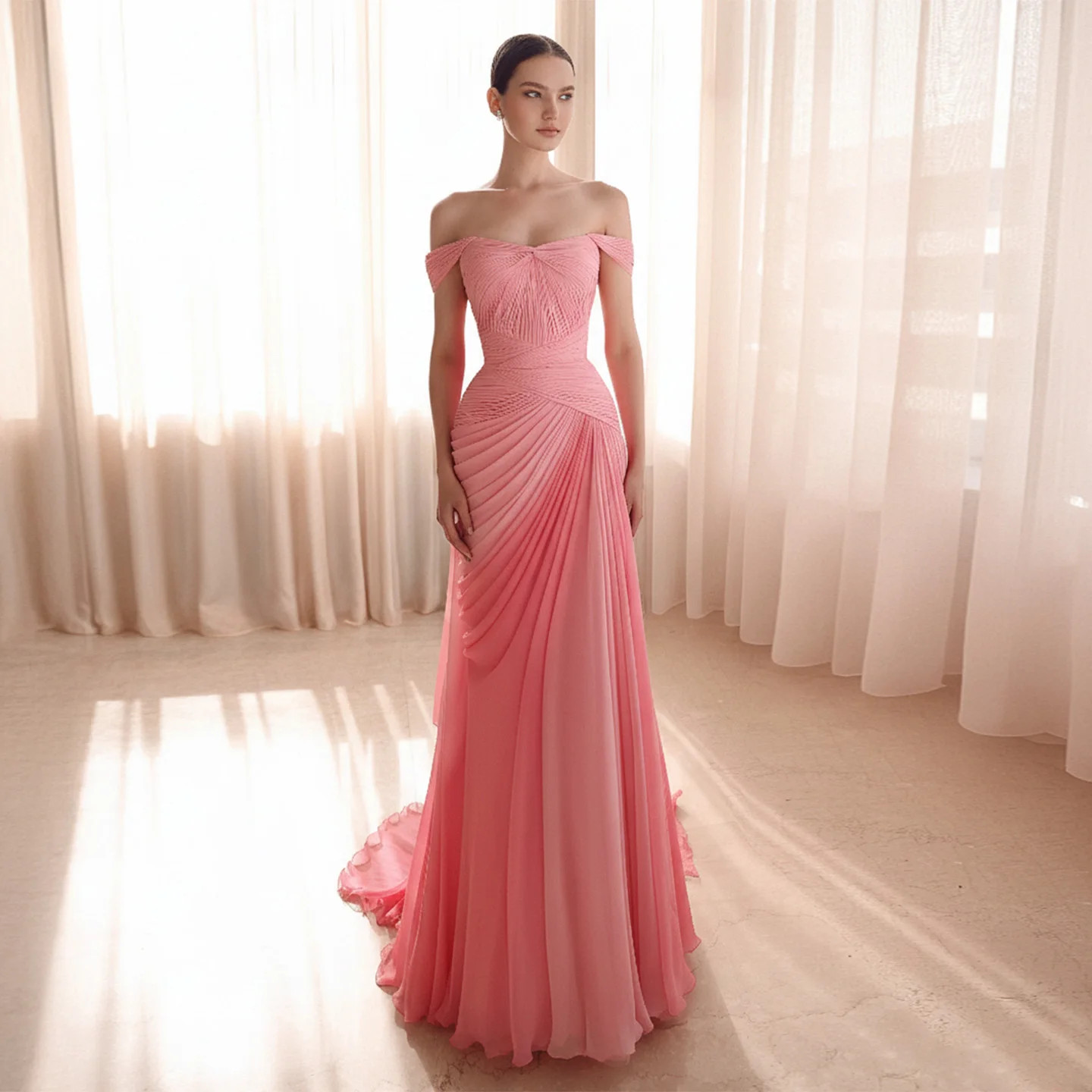 Elegant Off Shoulder Evening Dresses Pleated Chiffon Formal Occasion Party Gowns