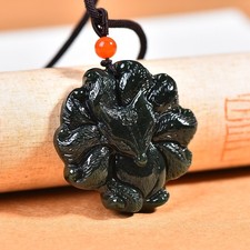DARK Green Jade Pendant Carved Nine Tailed Fox Pendant Necklace