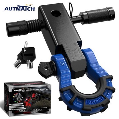 AUTMATCH 2'' Shackle Hitch Receiver & Mega D Ring Shackle Recovery, Black & Blue