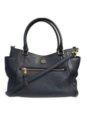 TORY BURCH Grained Black Leather Satchel Crossbody Bag with Detachable Strap