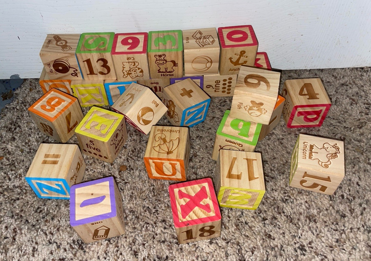 Childrens Wooden Stacking Blocks Alphabet Numbers Math Symbols Lot Of 27