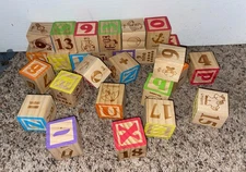 Childrens Wooden Stacking Blocks Alphabet Numbers Math Symbols Lot Of 27
