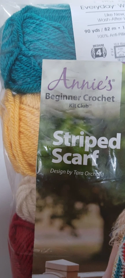Annie’s Beginner Crochet Kit Club Striped Scarf New In Package Beautiful Colors - Image 2 of 4