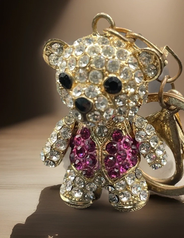 3D Animal Bear Crystal White & Pink Vest Rhinestone Bag Charm Keychain - Image 4 of 4