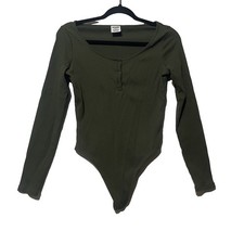 PINK Victoria's Secret Long sleeve Bodysuit Women Green Ribbed Henley M