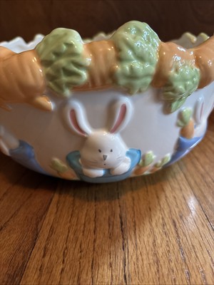 NOS Vtg Blossoms&Blooms Spring Easter Ceramic 10  Serving Bowl Bunny Carrots NEW