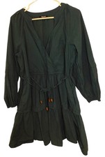 Madewell Womens Sz M Green Faux Wrap Dress Tie Waist Peasant Sleeve Boho Flowy