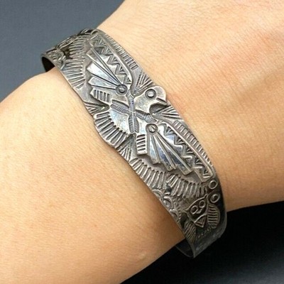 Vintage Navajo Thunderbird Owl Arrow Stampwork Silver Bracelet Cuff 6-3/8''