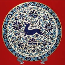 Vintage Handmade Nassos Rodos-Hellas Stag Charger Blue Ceramic Decorative Plate