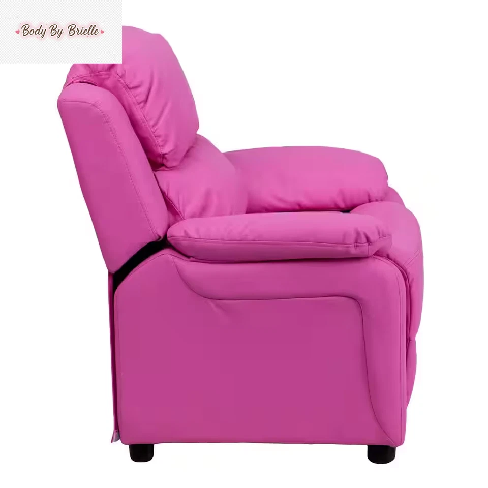 Reclinable de lujo acolchado contemporáneo de vinilo rosa intenso para niños con brazos de almacenamiento Foto 2 de 4
