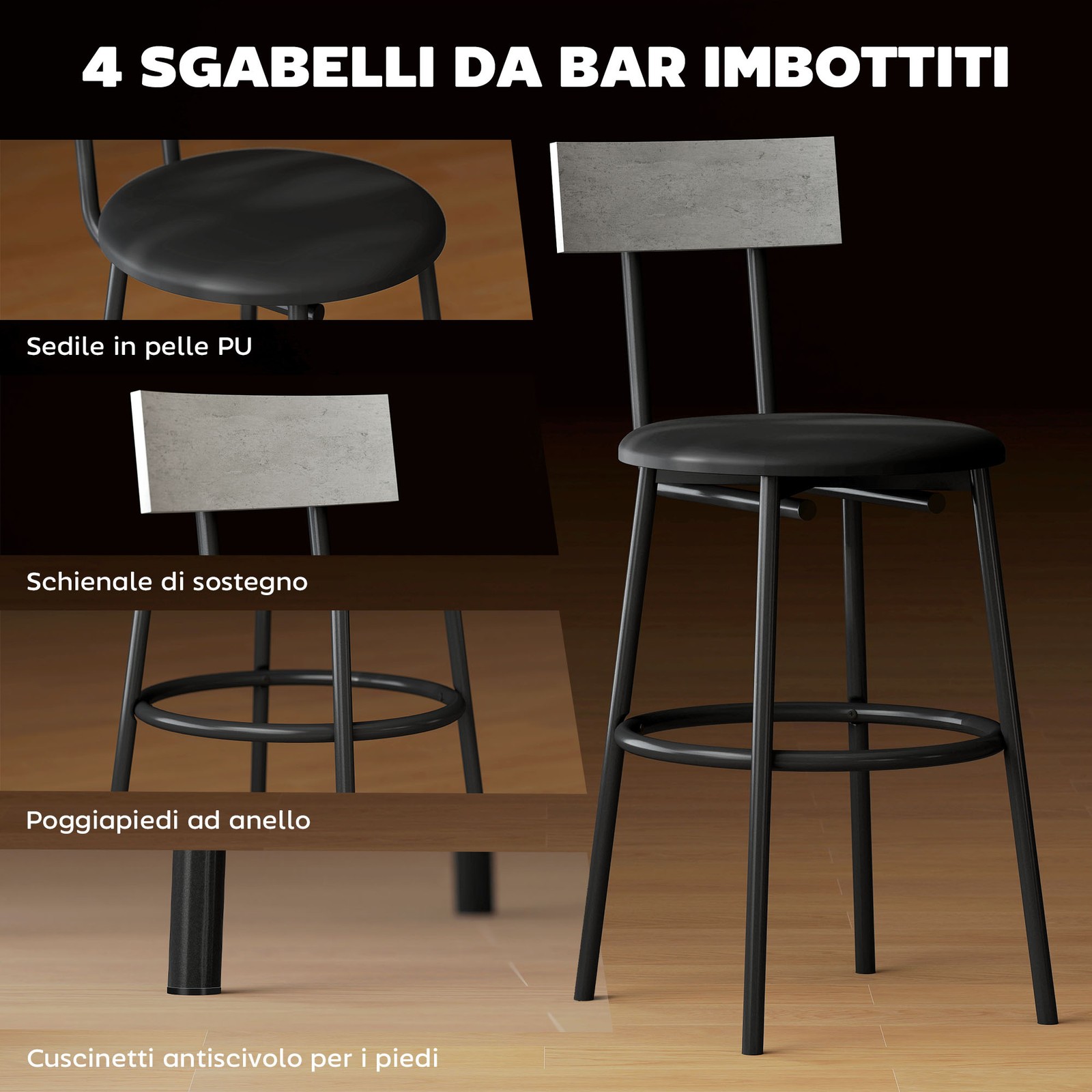 HOMCOM Set Tavolo Alto e 4 Sgabelli Bar con Schienale e Poggiapiedi Grigio foto 6
