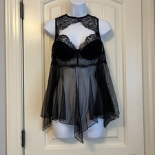 Vintage Y2K Shirley of Hollywood Sheer Baby Doll Nighty Large Black Lace Padded
