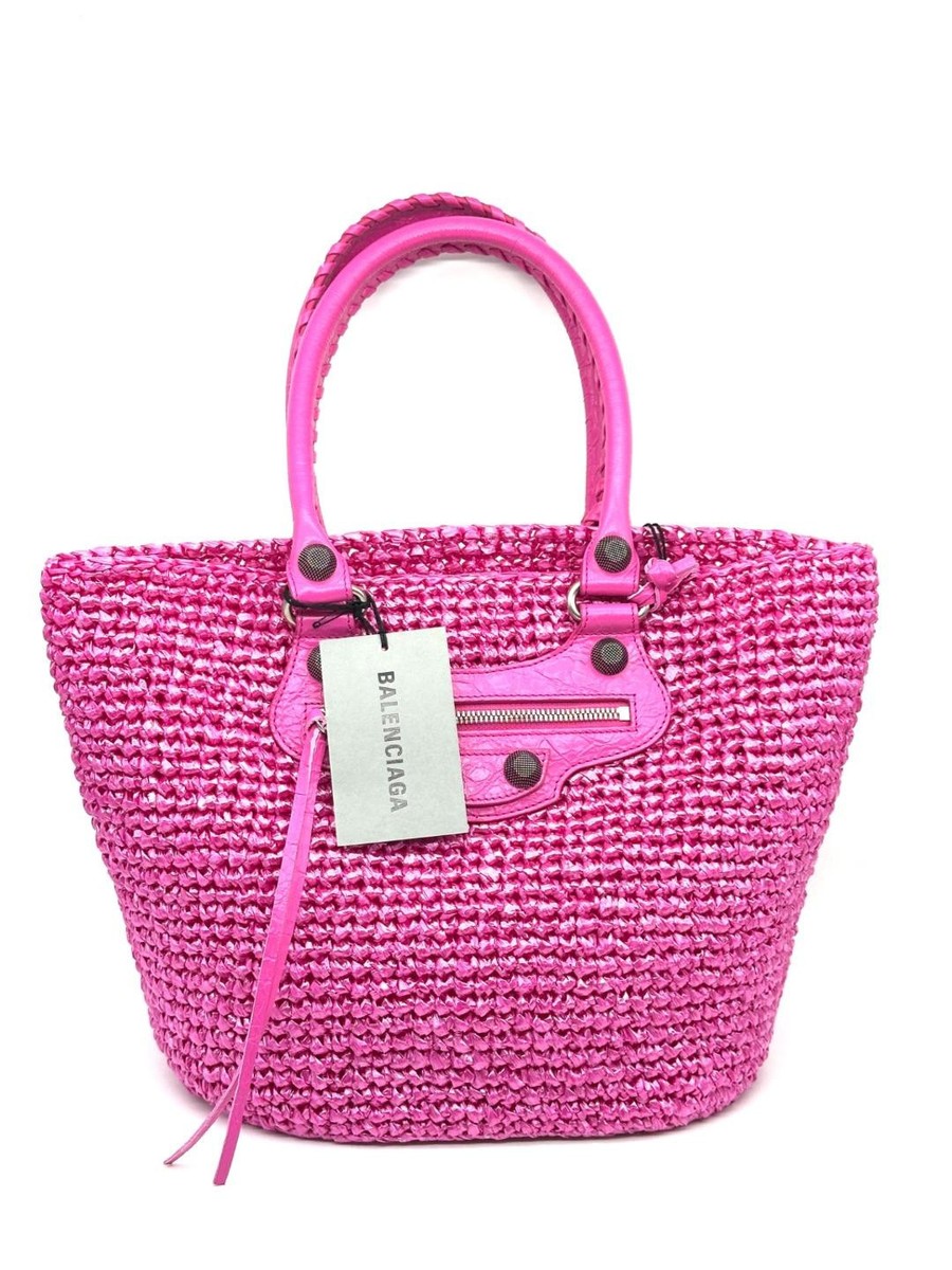 Balenciaga LE CAGOLE Medium Raffia Woven Leather Trim Tote Basket