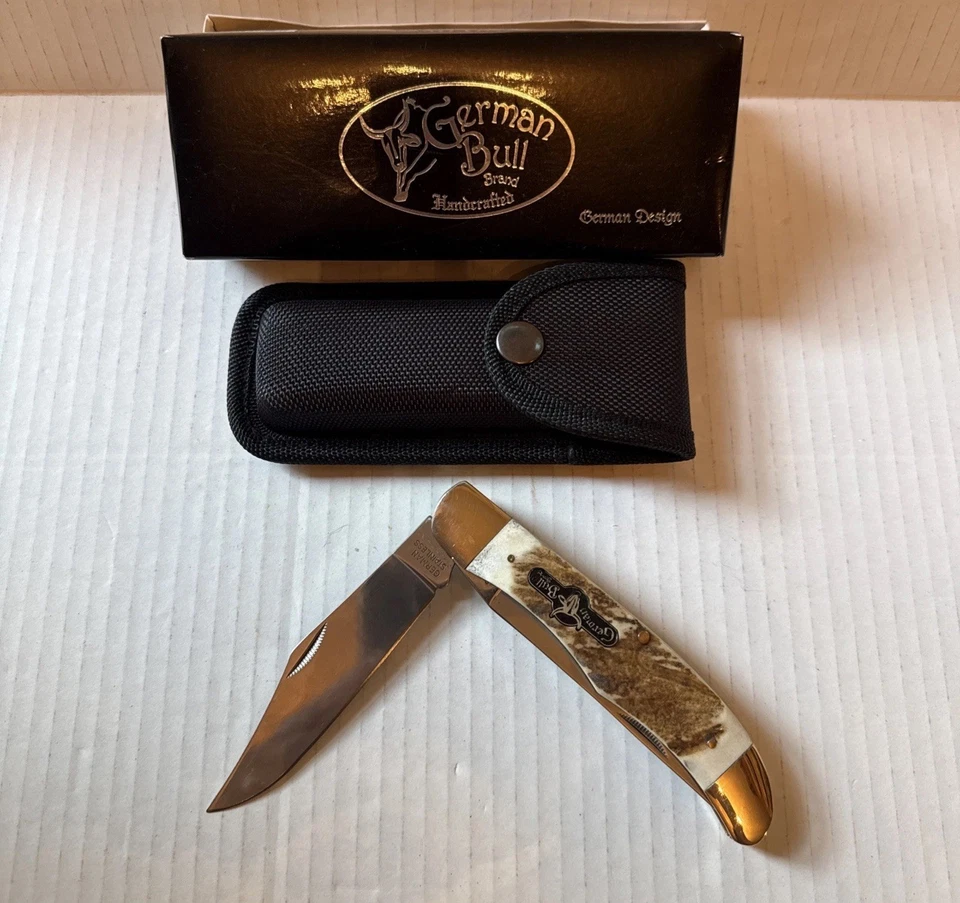 Navaja de Bolsillo German Bull GB-069DS 2 Hojas Cazador Ciervo Ciervo Con Bolsa de Nylon Nueva Foto 2 de 4