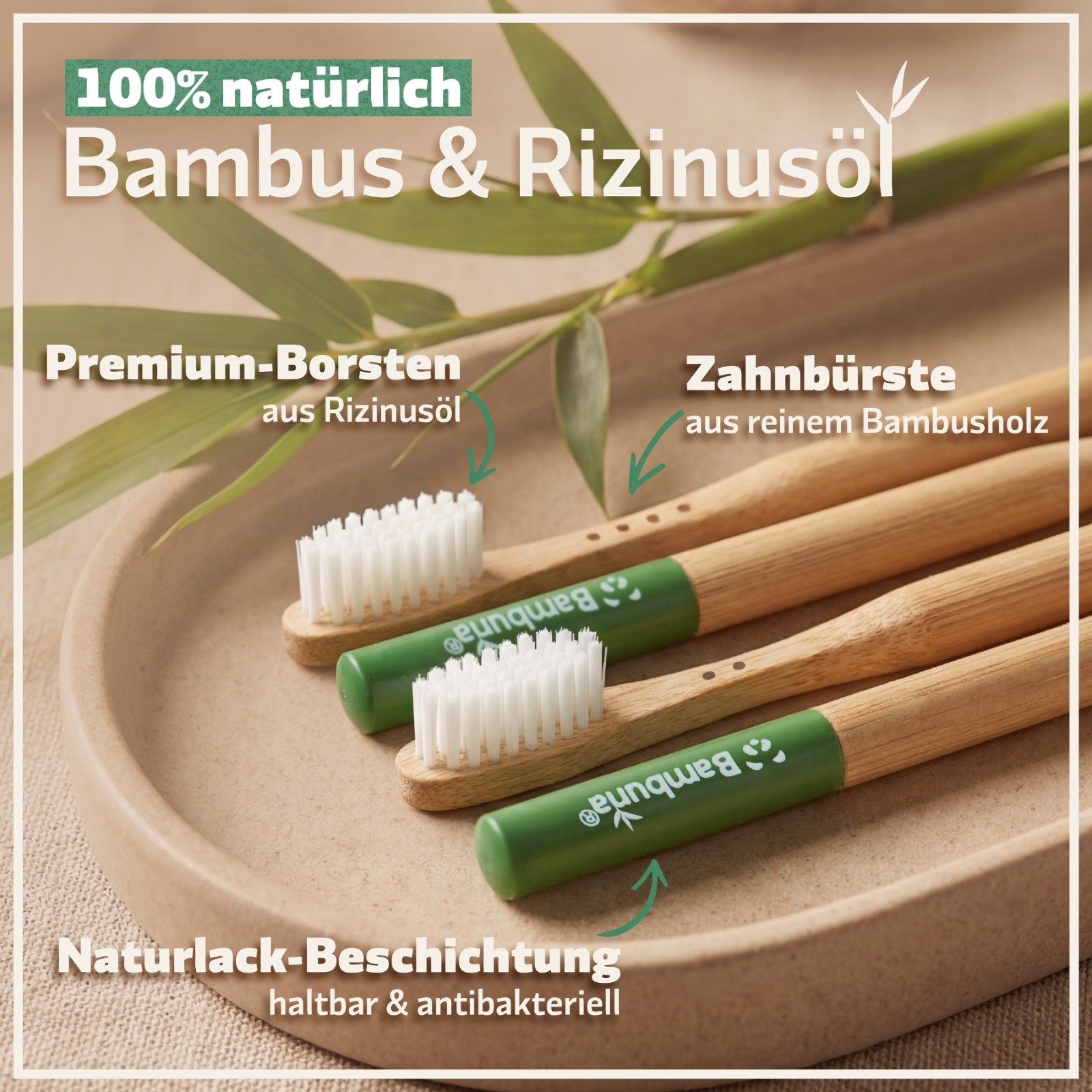 BAMBUNA Bambus Zahnbürsten - Mittel - 4er Set  | inkl. Reiseetui und Zahnseide 3