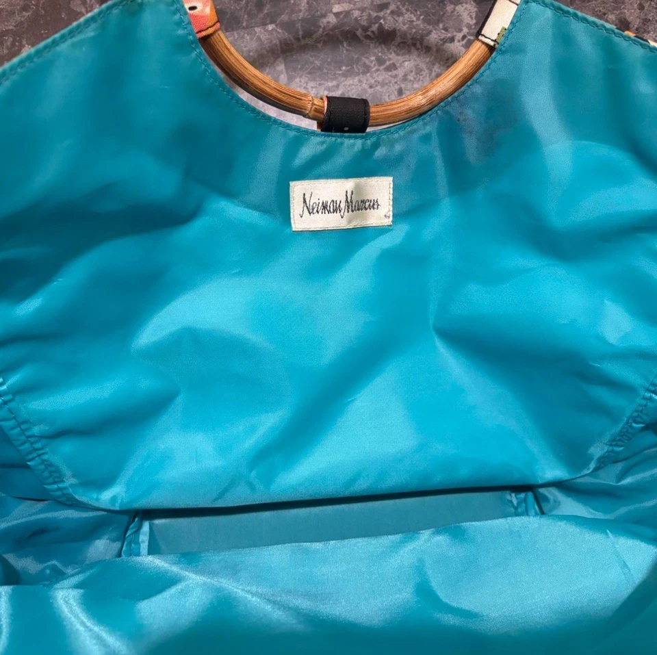 Bolso de Mano Neiman Marcus Arte Pop Mujer Estampado Años 60 Mod Estilo Retro Asas de Bambú Y2K Foto 3 de 4