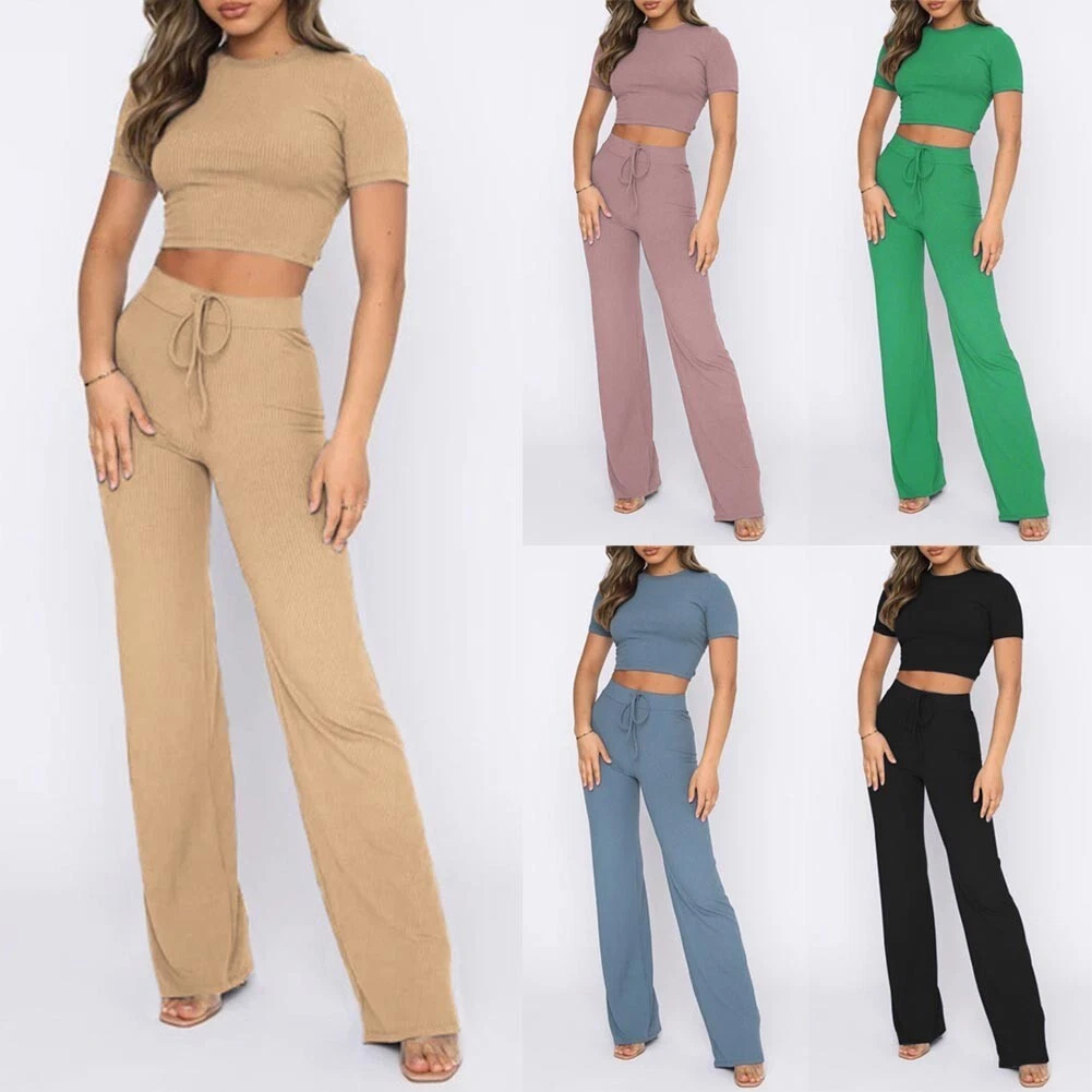 New Women 2 Piece Outfits Short Sleeve Crop Top Wide Leg Pant Set