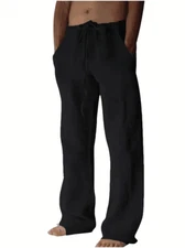 Loose Fit Cotton Pants Trousers Men Casual Solid Black Wide Leg Baggy Yoga Sport