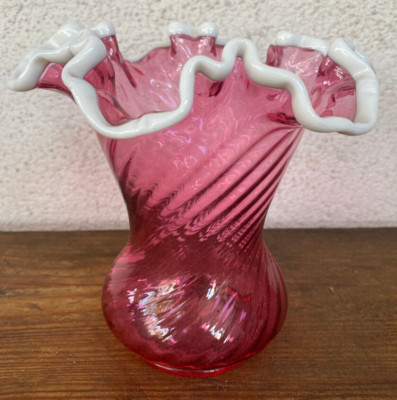 Fenton Cranberry Vintage Swirl Vase Ruby Snowflake White Edges 7'' Glass Ruffle