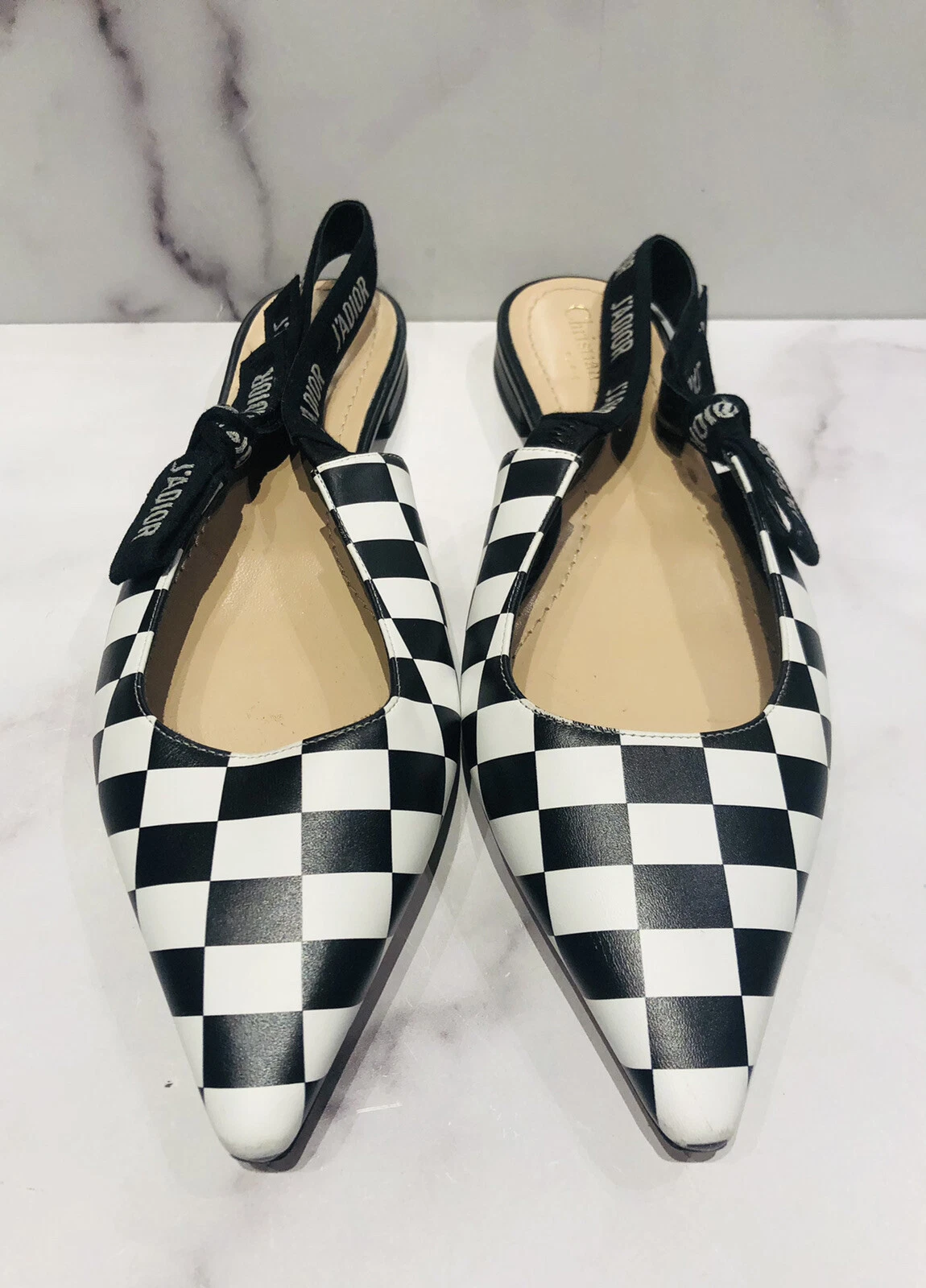 Chaussures Christian Dior J’adior cuir noir blanc nœud à carreaux plates à bride