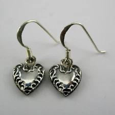Sterling Silver PUFFY HEART Dangle Earrings DROP Brown County Silver VINTAGE New
